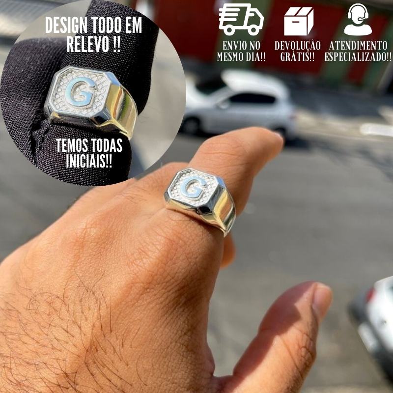 Anel Masculino de Prata 925 Dedeira Letra G em Relevo Banhado a Prata