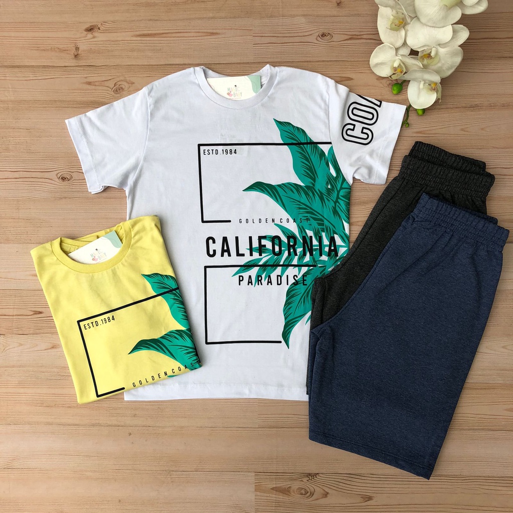 Conjunto Infantil Menino Verão Camiseta Camiseta California + Bermuda moletinho liso Hrradinhos Conjunto Infanto Juvenil Masculino