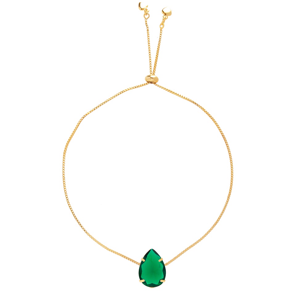 Pulseira Gravatinha Pedra Gota Verde Esmeralda Folheado Ouro