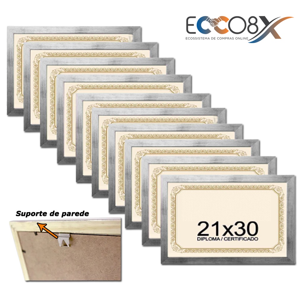 Kit 10 Molduras Porta Diploma Certificado A4 21x30 Prateado com vidro