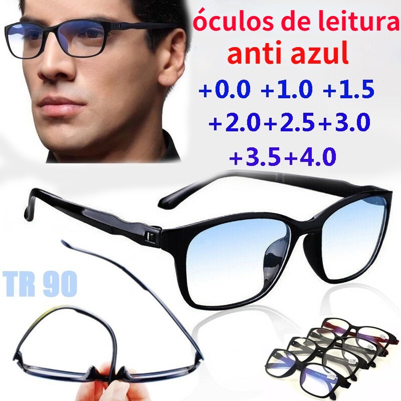 +0,0 +1,0 +1,5 +2,0 +2,5 +3,0 +3,5 +4,0 Óculos De Leitura Masculino Anti-azul Presbiópico Computador Antifadiga