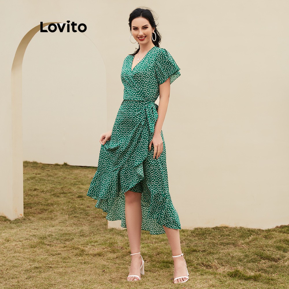 Lovito Boho Vestido de Bolinha Com Fenda e Decote V Profundo com Renda L12014 (Verde)