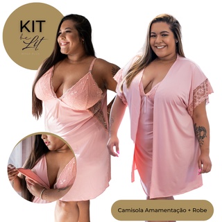 KIT 2 Peças - Robe e Camisola Plus Size Amamentação 50 52 54 56 58 com Renda Confortável Pós-parto Gestante Maternidade Pijama Roupa de Dormir Tamanho Grande Especial BeLIT MODAS