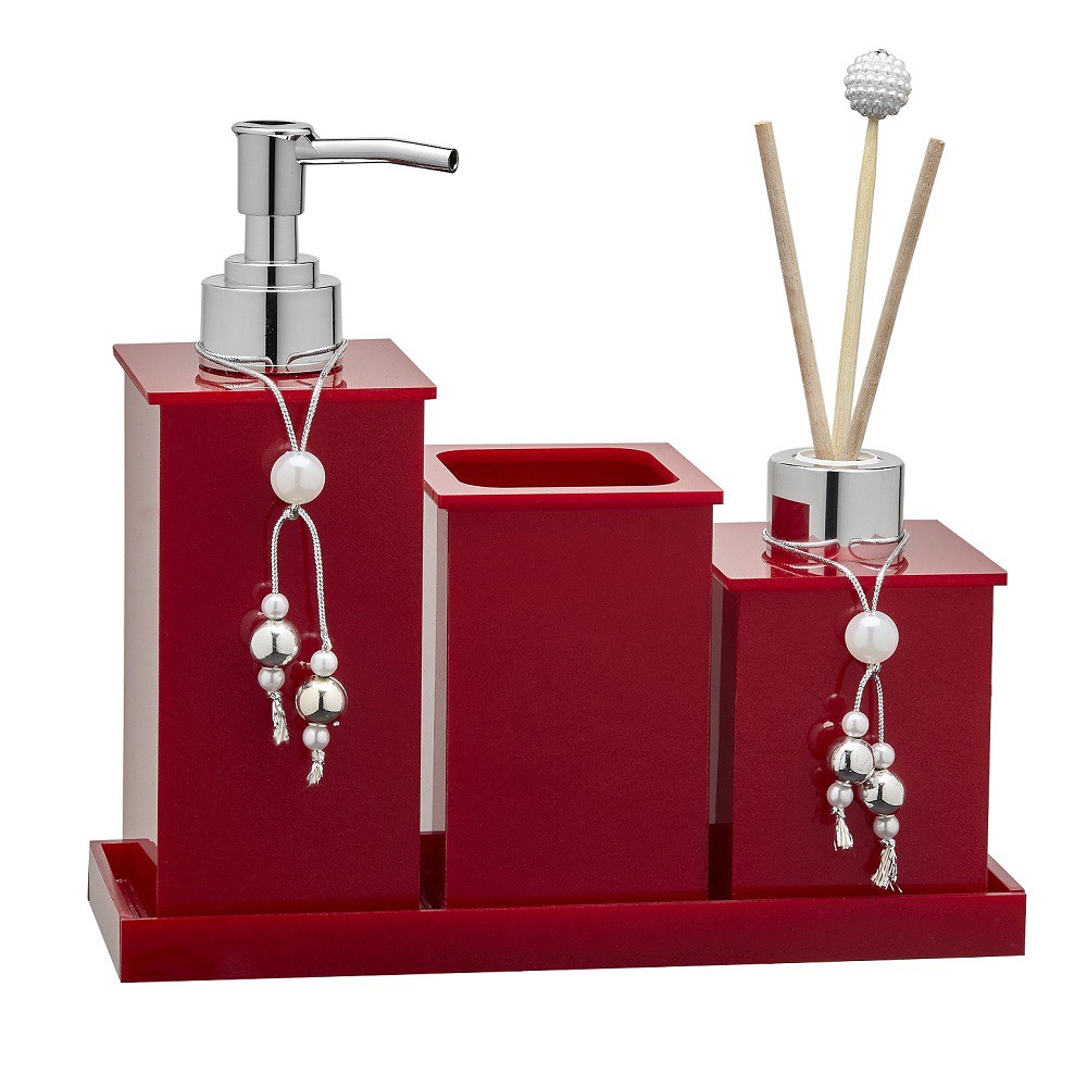 Kit Saboneteira Lavabo / Jogo Banheiro Em Acrílico Vermelho Cereja Com 4 Itens - Saboneteira, Pote Multiuso, Difusor e Bandeja - Acribom