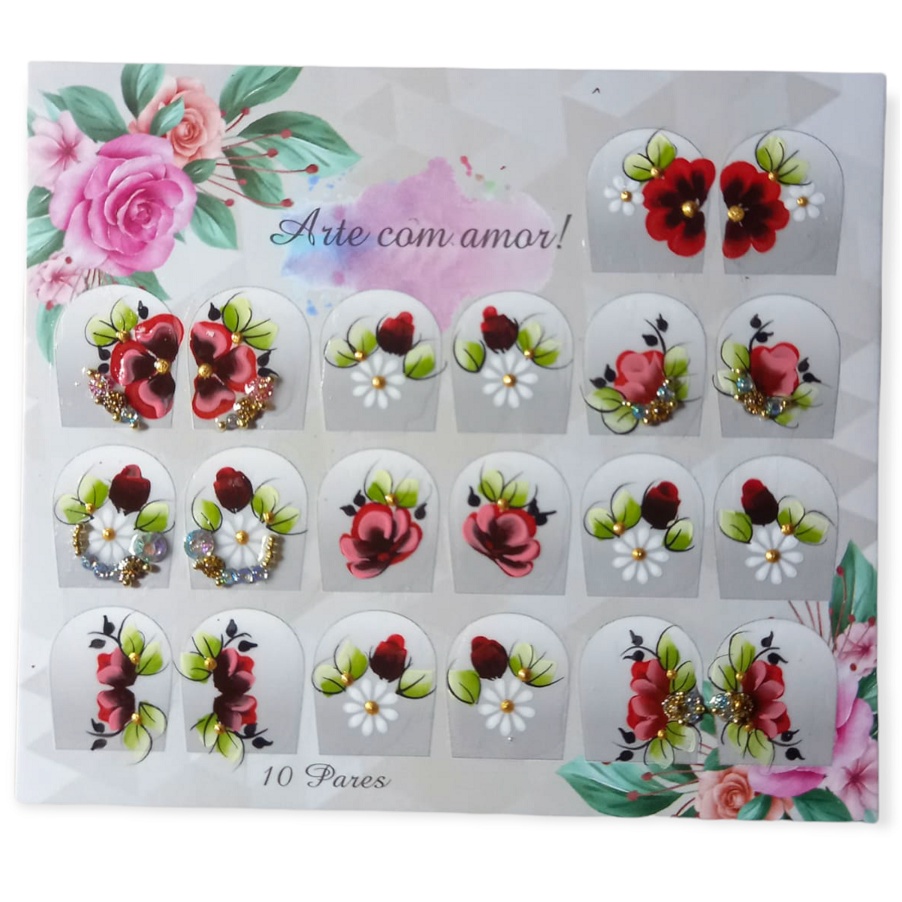 40 Adesivos para unhas 20 pares lindas artes artesanais nail artes pedrarias pingentes joias strass