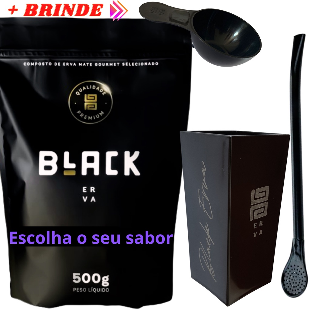 Kit Para Tereré Black Erva Mate 500g+Copo Cuia Quadrado Acrílico+Bomba Clássica Preta + Brinde Escolha Sabor