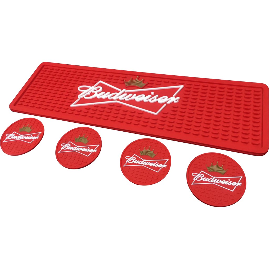 Kit Budweiser Barmat + 4 Porta copos, Material emborrachado 50x15 Cm