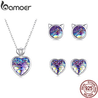 Bamoer 925 Conjunto De Jóias De Prata Série Oceano Escama De Peixe Estilo Brincos E Colar Presentes Para As Mulheres Sce1300