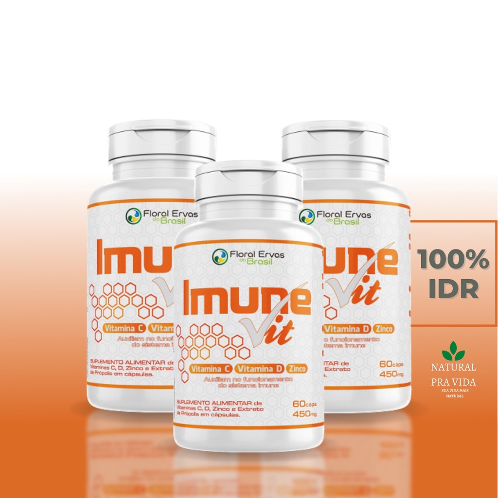 Vitamina C + Zinco + Vitamina D3 + Extrato de Própolis 450mg 60Caps Melhora Imunidade Disposição + Energia Zero Açucar -IMUNE VIT