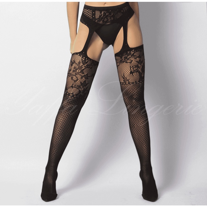 Yaffa Lingerie - Meia Calça Arrastão 7/8 com Cinta-Liga e Detalhes em Renda em Oferta na Shopee