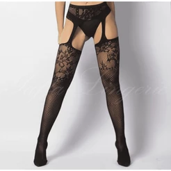 Yaffa Lingerie - Meia Calça Arrastão 7/8 com Cinta-Liga e Detalhes em Renda