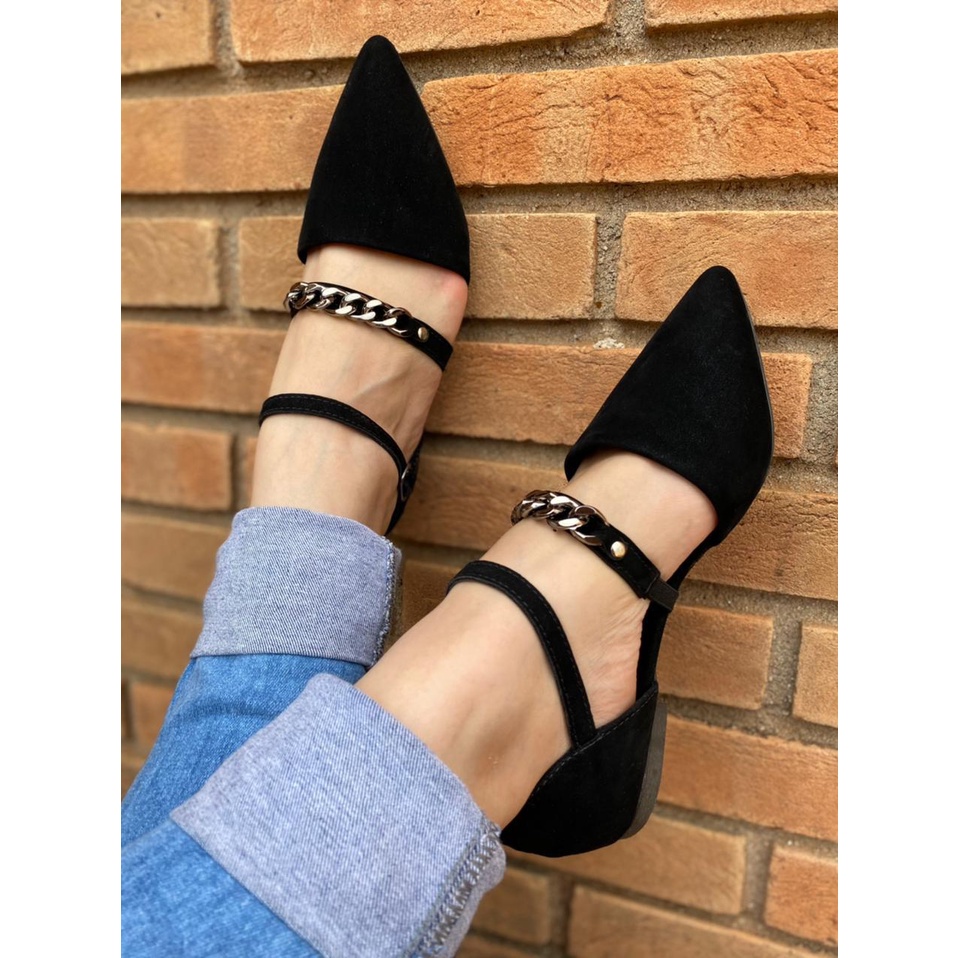 Sapatilha Feminina Bico Fino Corrente Moda casual Blogueira Confortável