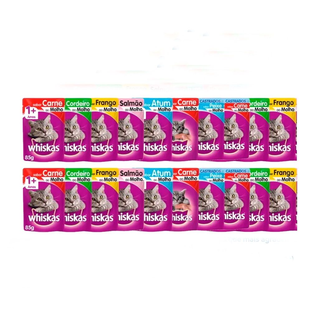 Whiskas Sachê para Gato 85g Sabores Adultos e Filhotes Carne, Peixe, Atum, Cordeiro, Frango, Salmão