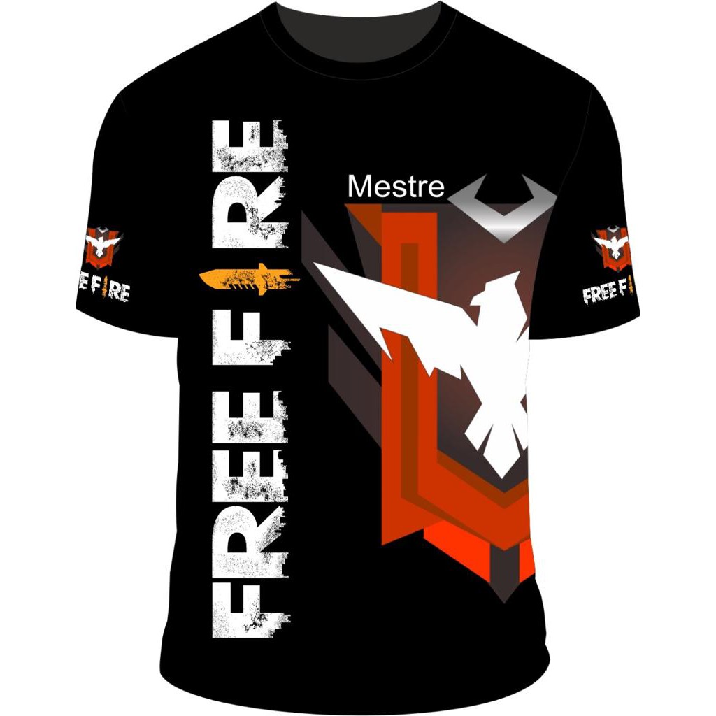 camiseta free fire simbolo do mestre na cor cinza mescla estampada.