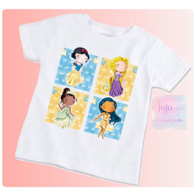 T-Shirt Camiseta Infantil Bebê e Juvenil Menina/Princesas Branca de Neve, Rapunzel,Tiana, Pocahontas,Mulan,Moana, Jasmine,Merida,Bela, Cinderela, Ariel e Aurora/Menina laço Verde/Cachorro e Bolsa/Menina Laço Vermelho/Menina Com Bexigas/Dia das Crianças.