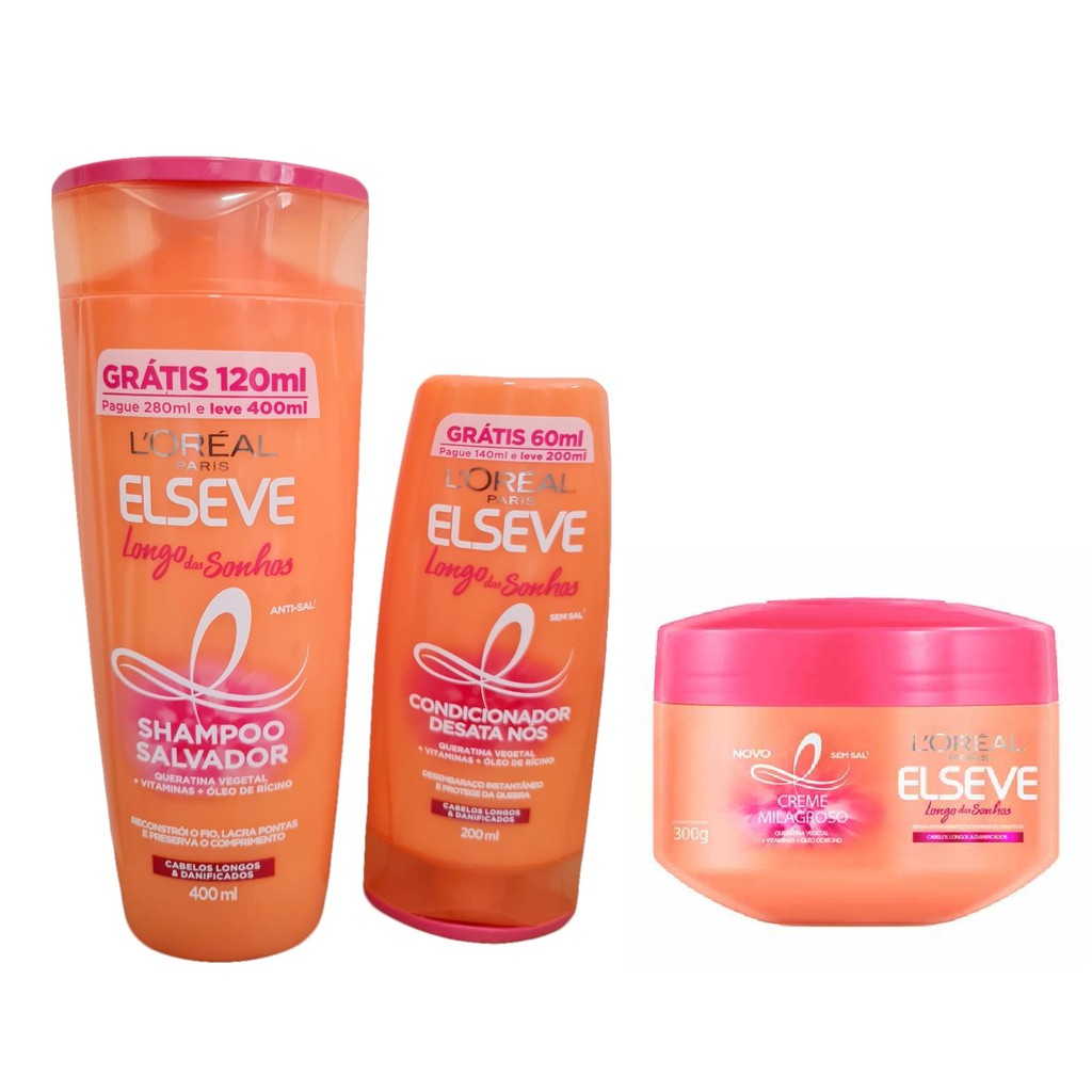 Kit Elseve Longo Dos Sonhos - Shampoo 375ml + Condicionador 170ml + Máscara 300ml em Oferta na Shopee