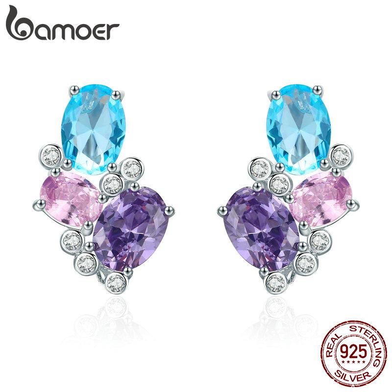 Brincos Bamoer Stud Para Mulher Clássico 925 Prata Esterlina Colorida Zircon SCE579