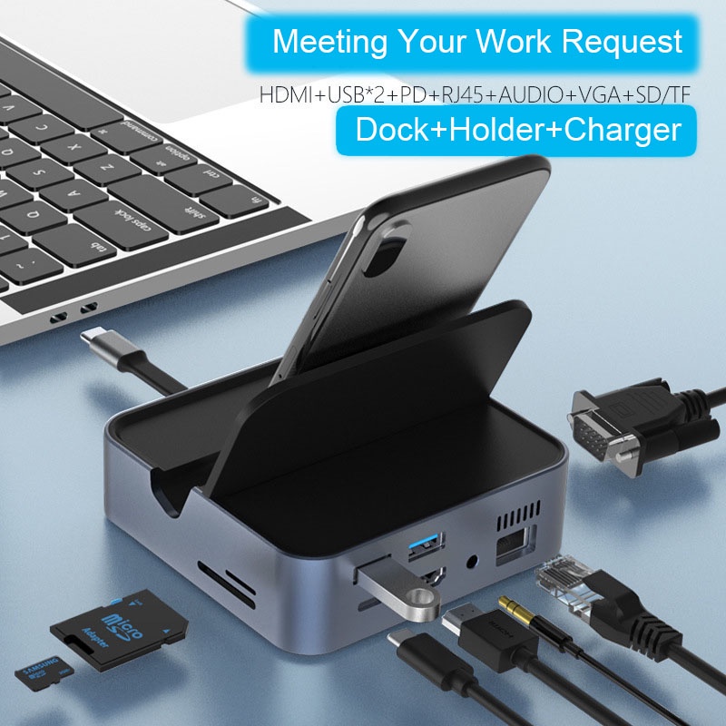 Hub Tipo-C Docking Station 9 Em 1 Smartphone Usb C Hub Para Hdmi 4k Vga Rj45 Usb3.0 Tf / Sd Reader 3.5mm Conversor De Áudio Pd Carregamento Rápido