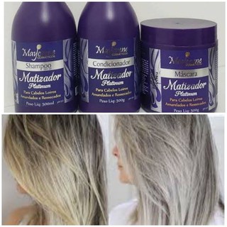 Kit Matizador Maycrene ( Shampoo + Condicionador + Máscara) 500ml ideal para cabelos loiros, brancos ou grisalhos. Renova e realça