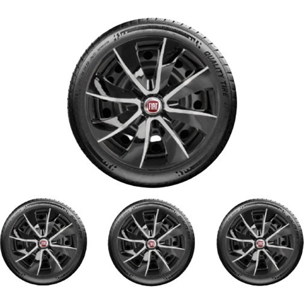 Jogo 4 Calota Esportiva Prime Preta/Prata Aro 14 FIAT Novo Uno Vivace Way Argo Mobi Palio Siena Punto Linea Grand Siena