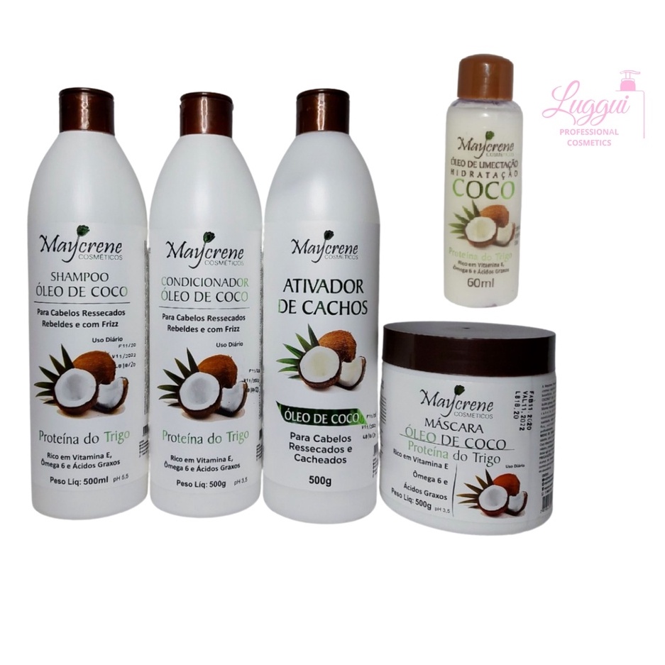 Kit Óleo de Coco Nutrição e hidratação Maycrene 3x500ml Shampoo, Condicionador, Máscara, Ativador de Cachos e Óleo Umectante em Oferta na Shopee