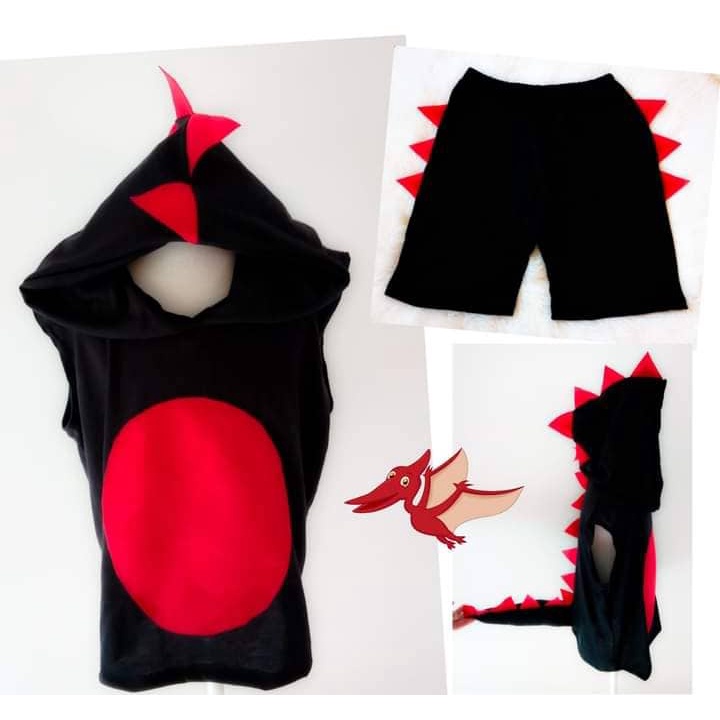 Fantasia Dinossauro (conjunto De Shorts E Camiseta Regata) Preto/vermelho Com Capuz