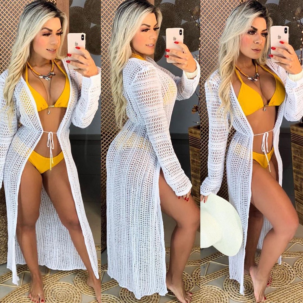 Saída De Praia Vestido Longo Moda Verão Manga Comprida Branca