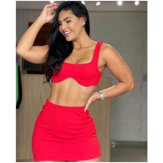 Conjunto Feminino Biker Cropped Com Bojo Saia Curta Deolane Malha Canelada!!!
