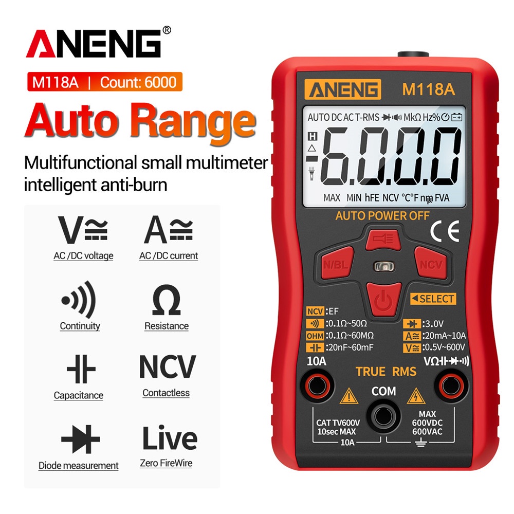 Aneng M118A Multímetro Digital Multimedia Mini-Multador Automático Testador De Medição De Identificação 6000 Contagem Verdadeiro Rms Transistor Screw Pump Voltímetro Ncv Data Manter Medida Chama Multímetro Medidor De Iluminação Watt-Hour Medidor 220