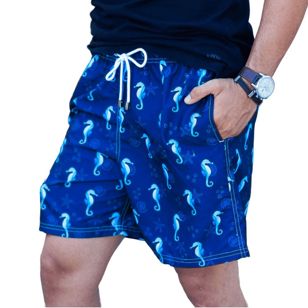 Short masculino de tactel estampado, cavalo marinho, shorts de praia, bermuda com elástico, short com elástico
