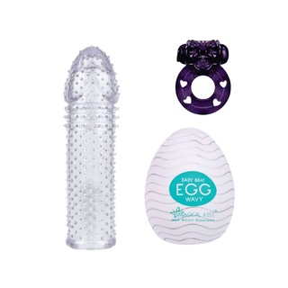 Anel Peniano com Vibrador + Masturbador Masculino Egg + Capa Peniana Transparente Sex Shop