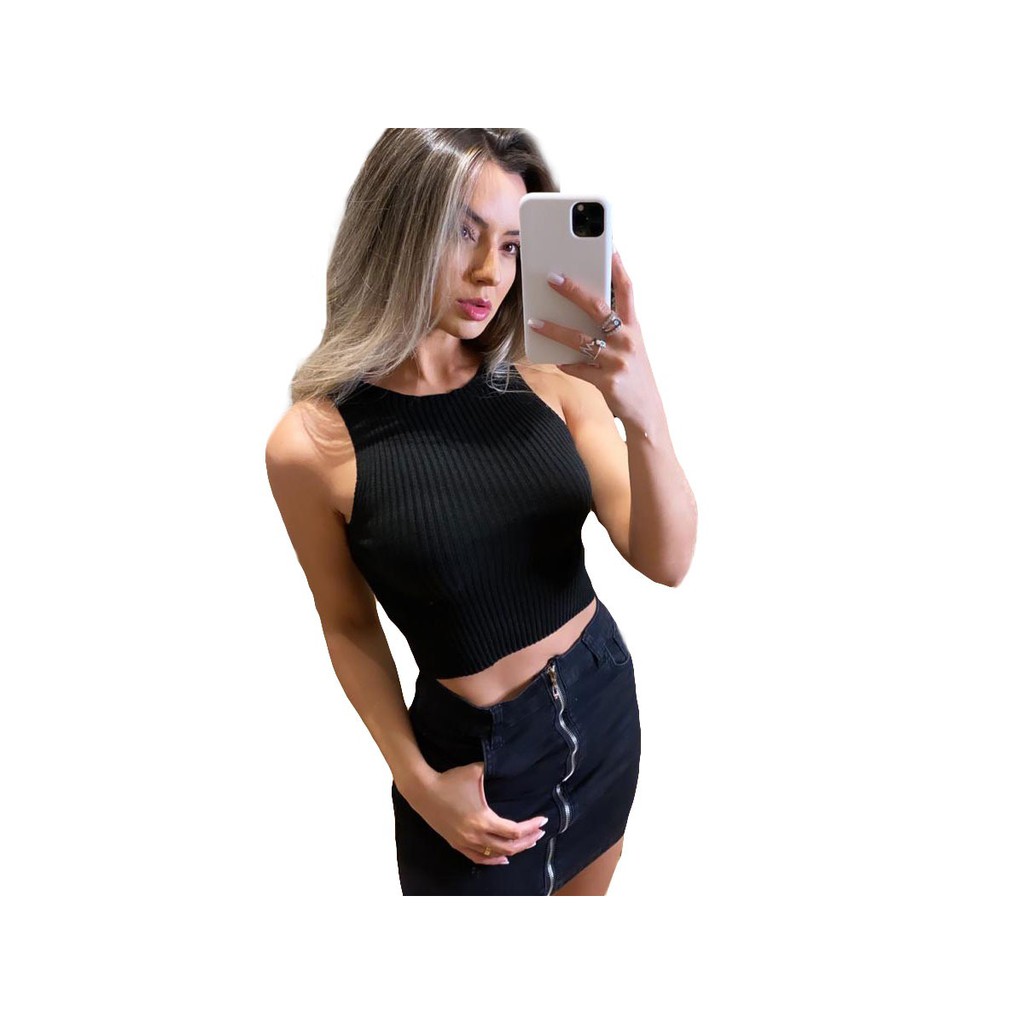 Cropped Blusinha Blusa Curta Feminina Tricô Canelado Tricot Regata Sem manga justinho identico a foto original