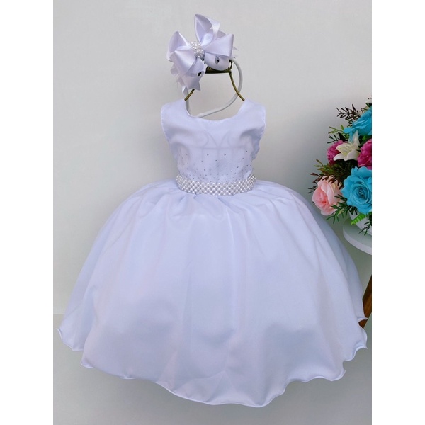 Vestido Infantil De Luxo Branco Liso Com Strass, Perfeito Para Batizado, Daminha, Festa, Ano Novo, Casamento, Daminha.
