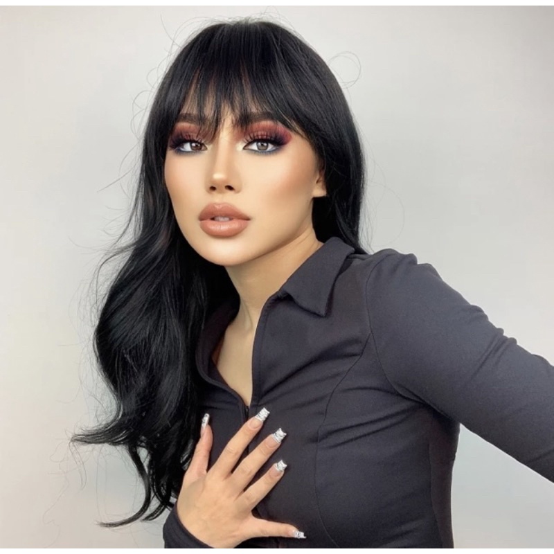 Peruca Lace Wig ondulada Com Franja Preta 250g Fibra Premium