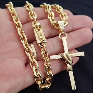 Corrente Masculina 8mm 60cm Com Cruz Grossa Banhados A Ouro