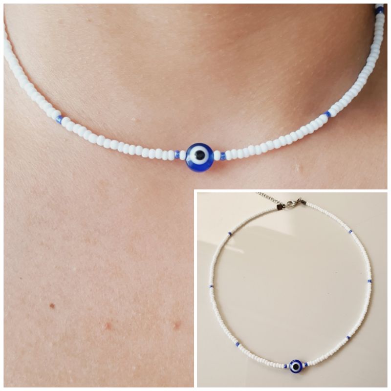 Colar Branco Com Olho Grego Azul Com Detalhes Azul Metalico Choker