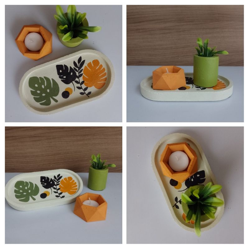 Bandeja + Porta Velas + Vasinho com Planta Artificial feitos em concreto Costela de Adão em Oferta na Shopee