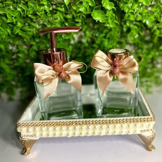 Kit Lavabo/Banheiro Luxo Rose Gold  Aromatizador Sabonete Bandeja Bandeja VIDRO Decoração