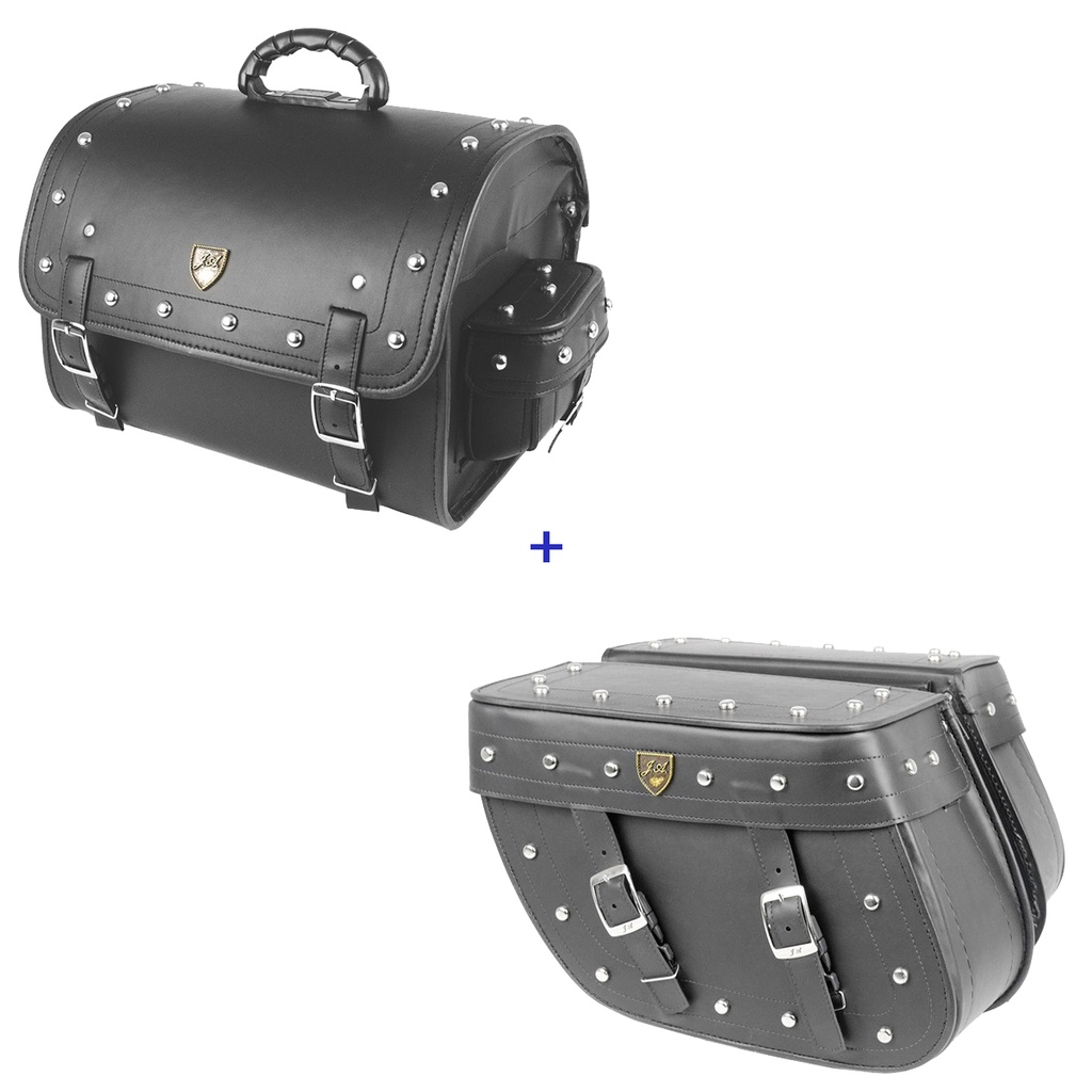Kit Viagem Alforge Traseiro 35 Litros Couro Sintético C/ Cravos + Alforge Lateral Losango 32 Litros Couro Sintético C/ Cravos