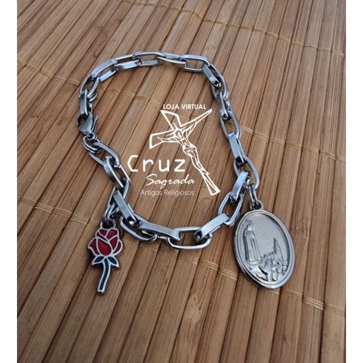 Pulseira Cadeia Consagração Consagrado e Medalha de Nossa Senhora de Fátima Corrente Aço Inox e Rosa