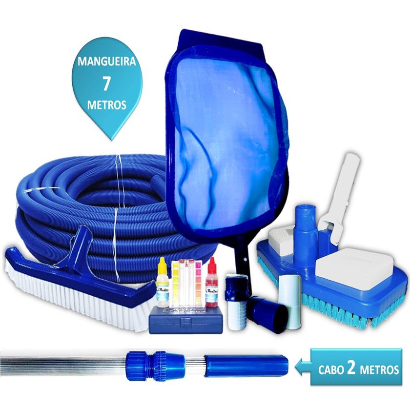 KIT LIMPEZA PARA PISCINAS MANG 7 MT + CABO + ESTOJO TESTE em Oferta na Shopee