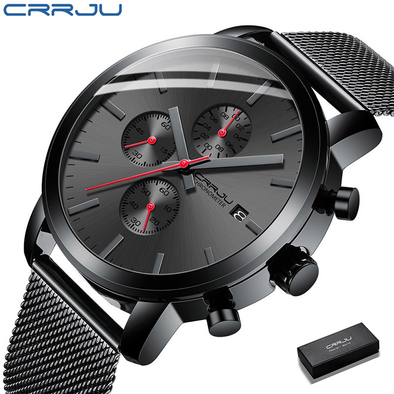 CRRJU Relógio masculino marca de luxo preto esportivo moda à prova d'água cronógrafo 2287M