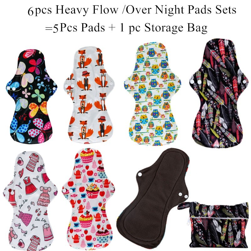 Conjunto De Almofadas De Pano Menstrual De Fluxo Pesado Reutilizáveis E À Prova D'água De Carvão De Bambu De 5 Peças