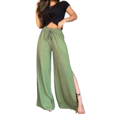 Calça Pantalona Feminina Fendas Laterais Cintura Cordão Forrado Tendências Moda