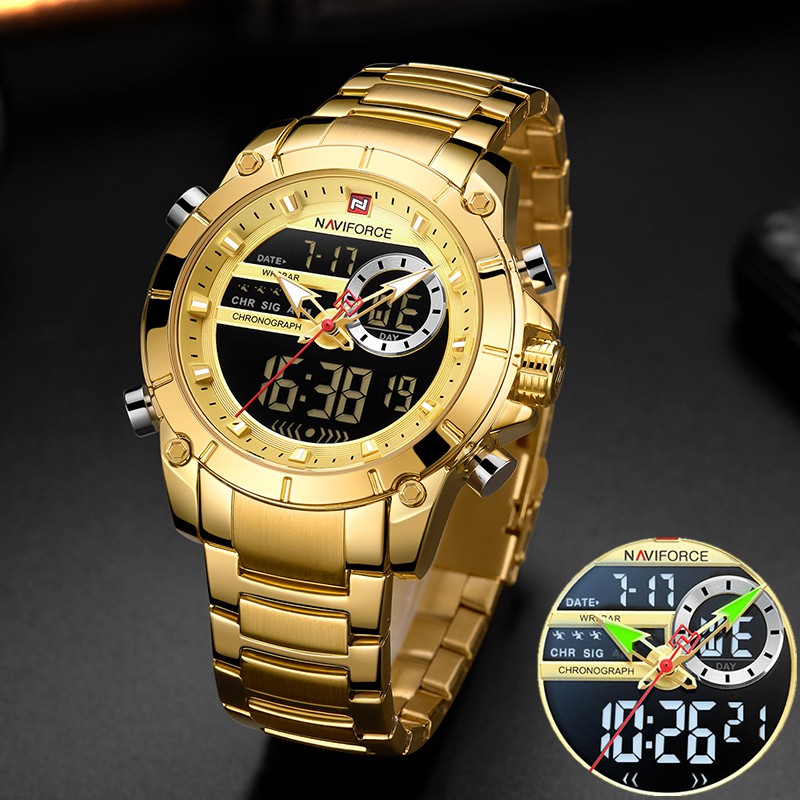 Relógio Masculino Naviforce NF9163 Dourado Analógico Digital À Prova D'água