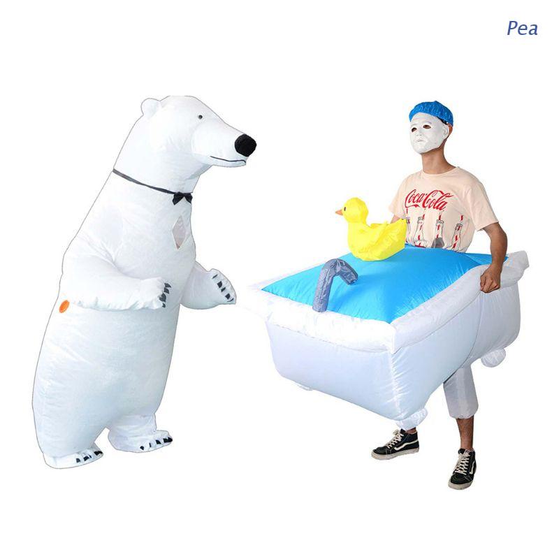 Adults Inflatable White Polar Bear Costume Halloween Xmas Blow Up Outfit 