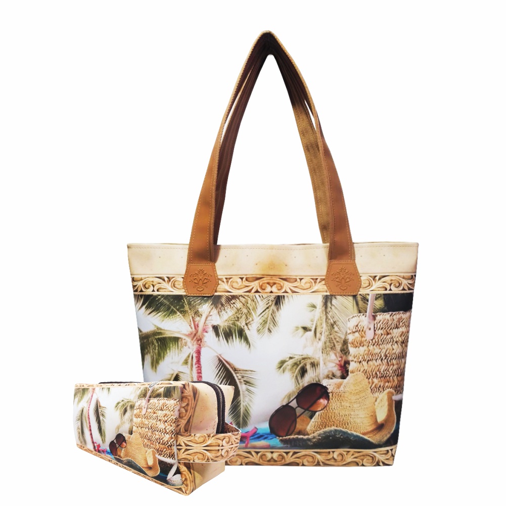 Bolsa Feminina Praia com Necessaire Feminina Fechamento com Zíper Chapéu Palha Magicc Bolsas BN-053