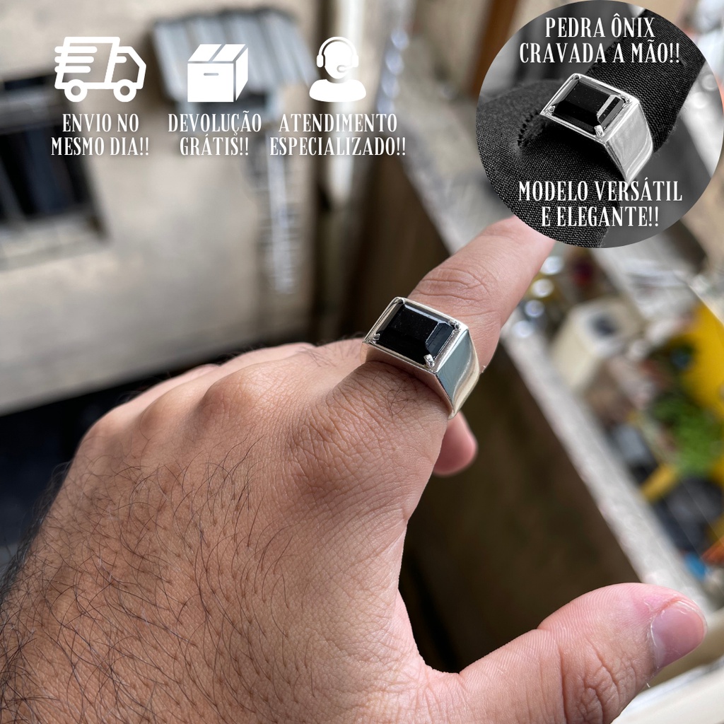 Anel Masculino De Prata Maciça C/ Pedra De Ônix Banhado a Prata 925 Italiana Dedeira Cravejada Pedra Preta
