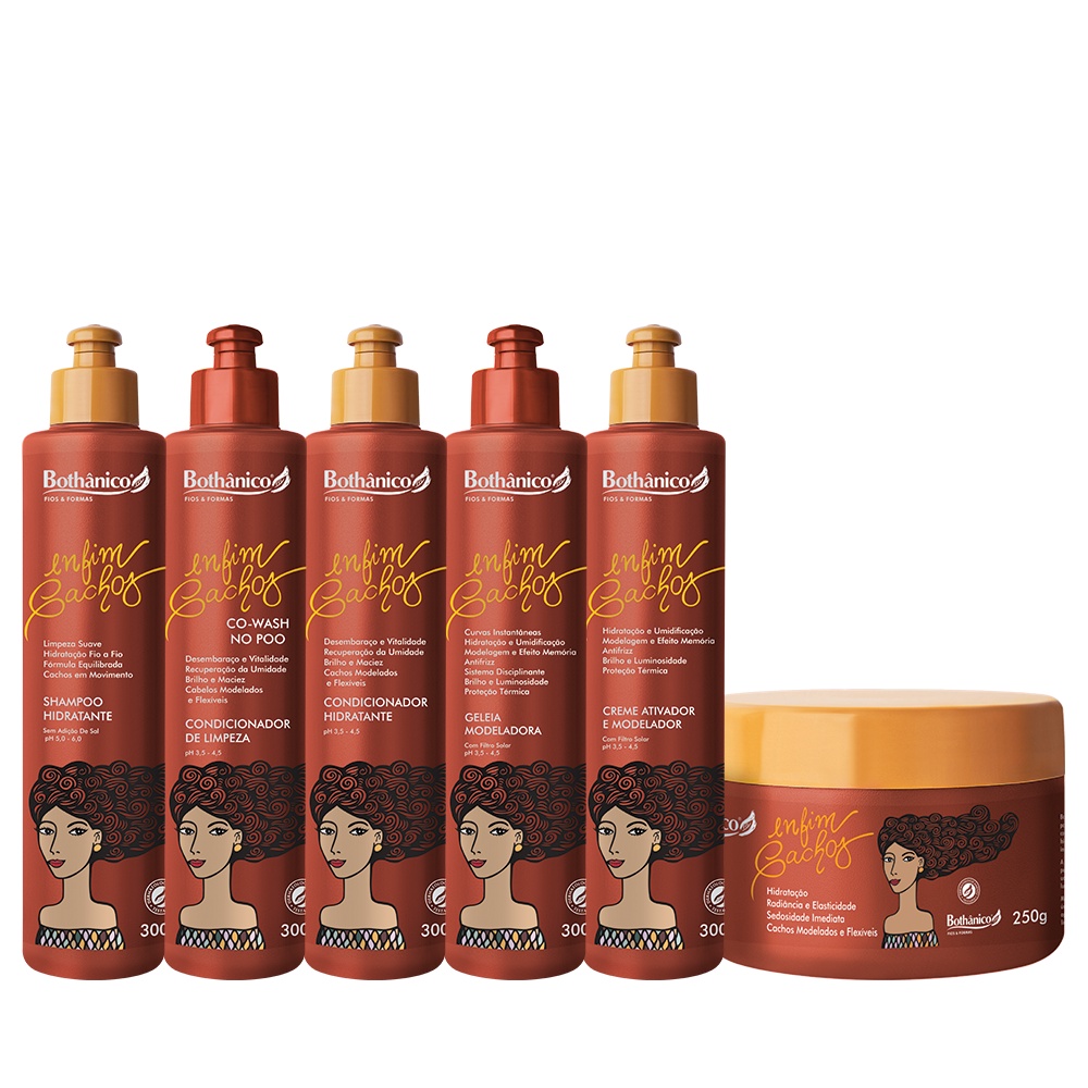 Kit Para Cabelos Cacheados Linha Enfim Cachos Bothânico Shampoo e Condicionador e Mascara e Geleia e Creme Ativador