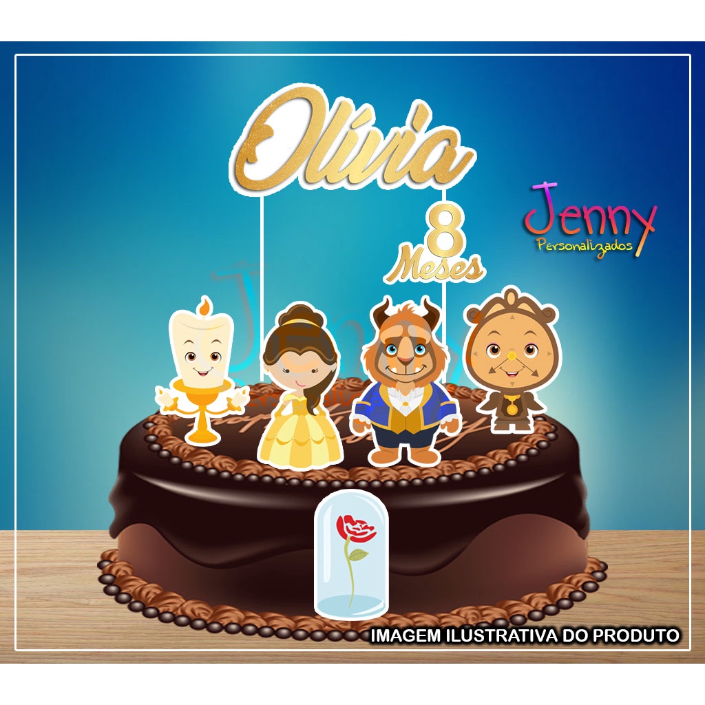 Topo Topper de Bolo Bela e a Fera Personalizado